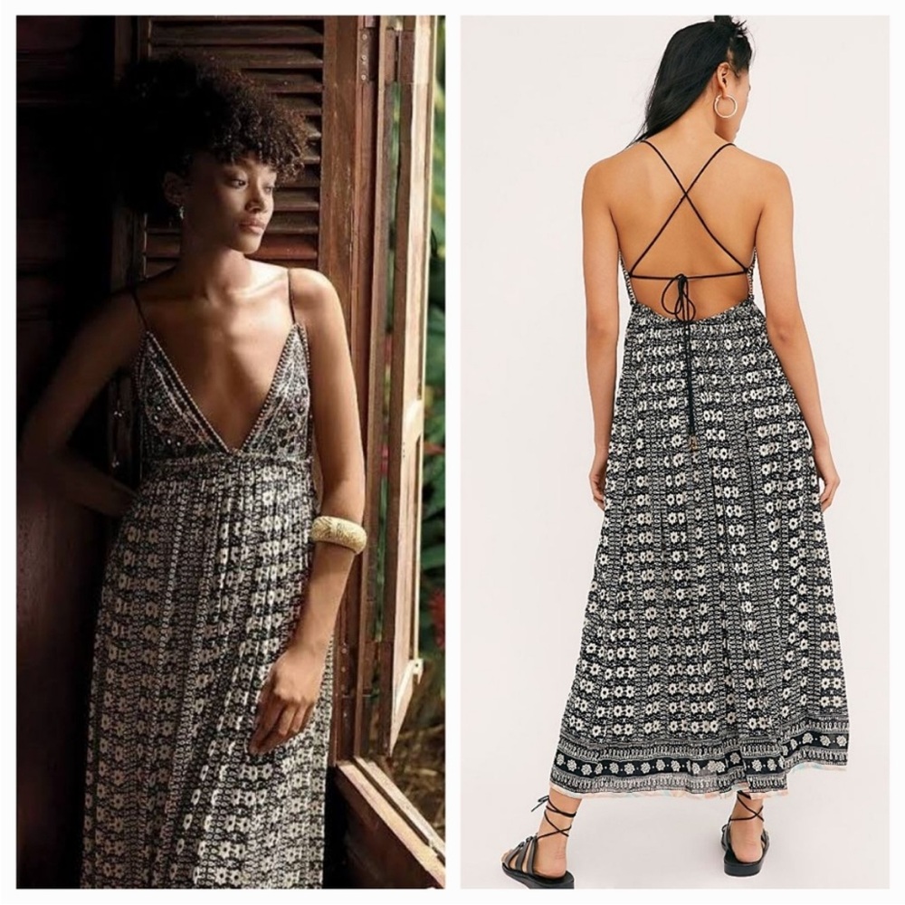 Free People Good Vibes Geometric Print Beaded Sequin Triangle Top Maxi Dress - Picture 6 of 16